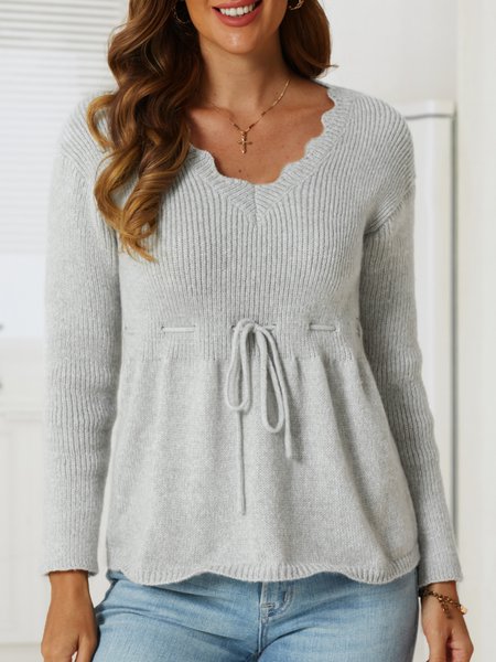 

V Neck Plain Sweater, Gray, Sweaters