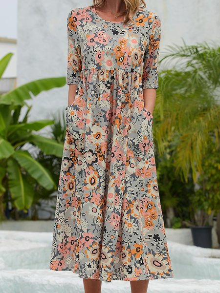 

Loosen Casual Floral Short Sleeve Woven Dress, Multicolor, Dresses