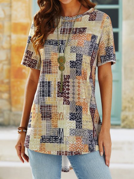 

Color Block Casual Round Neckline Short Sleeve T-shirt, As picture, T-Shirts