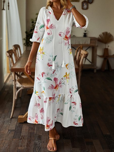 

Women's Shift Dress Short Maxi Dress half Sleeve Floral Print Summer Fall V Neck Casual dress 2022, White, Maxi