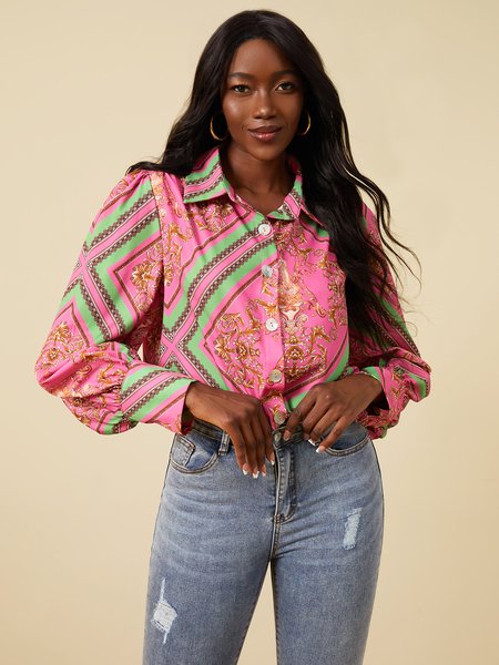 

Elegant Shirt Collar Long Sleeve Printed Blouse, Rose red, Blouses and Shirts