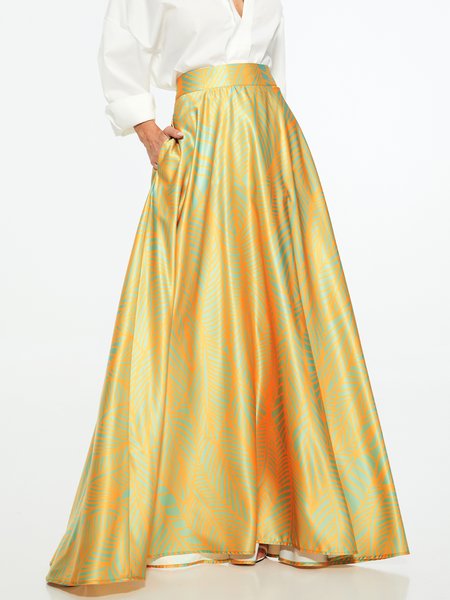 

Summer Lightweight A LineA Elegant Leaves Long Zipper fly Skirt, Yellow, Skirts