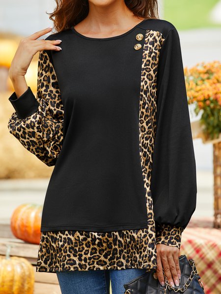 

Casual Leopard Print Stitching Long-sleeved Top, Black, Tops