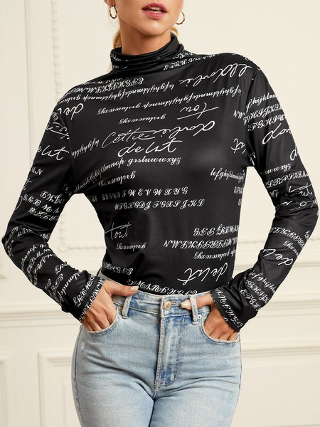 

Daily Long sleeve Regular Fit Text Letters Turtleneck T-Shirt, Black, Tees