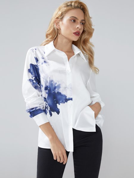 

Elegant Floral Printed Long Sleeve Blouse, White, Blouses and Shirts