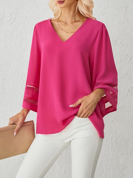 

Daily V Neck Plain Three Quarter Split Joint Top, Rose red, Tops