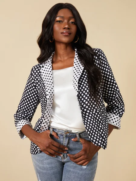 

Polka Dots Lapel 3/4 Sleeve Color-Block Blazer, Black, Outerwear