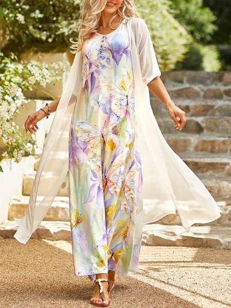 

Butterfly Printed Casual Round Neck Dress With Coat Two Piece Set, As picture, Maxi