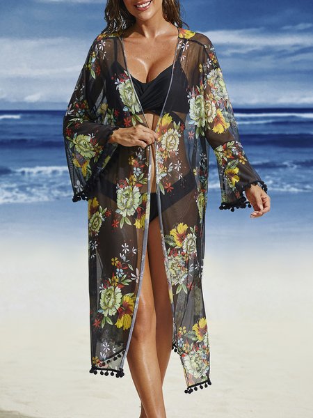 

Elegant Floral Printing Coverup, Black, swimwear>>Cover Ups