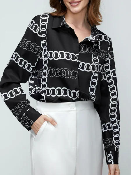 

Urban Daily Shirt Collar Regular Fit Abstract Blouse, Black, Blouses and Shirts