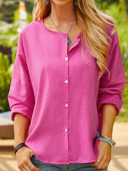 

Casual Shirt Collar Cotton-Blend Top, Rose, Tops
