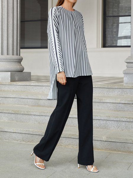 

Striped Crew Neck Long Sleeve Regular Fit Work Top, Black-white, Blouses and Shirts