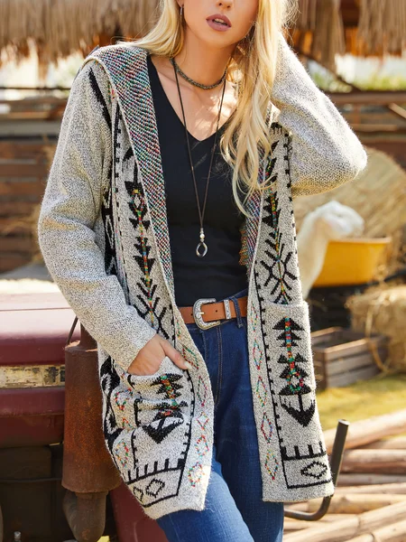 

Casual Ethnic Wool/Knitting Hoodie Sweater Coat, Multicolor, Cardigans