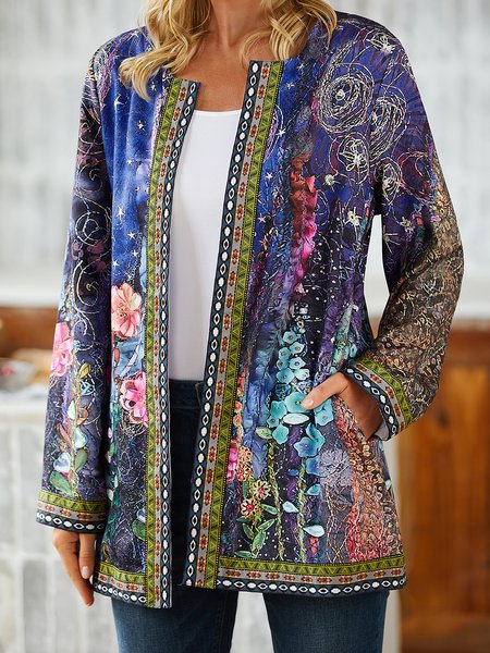 

Floral Print Vintage Crew Neck Jacket, As picture, Cardigans