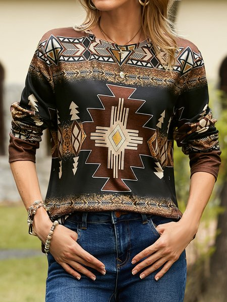 

Western Ethnic Print Crew Neck Long Sleeve T-Shirt, Brown, T-Shirts