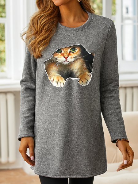 

Crew Neck Cat Casual Warmth Sweatshirt, Red, Tops