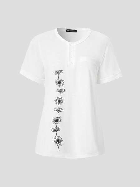 

Buttoned Casual V Neck Floral Short Sleeve T-Shirt, Black, T-Shirts