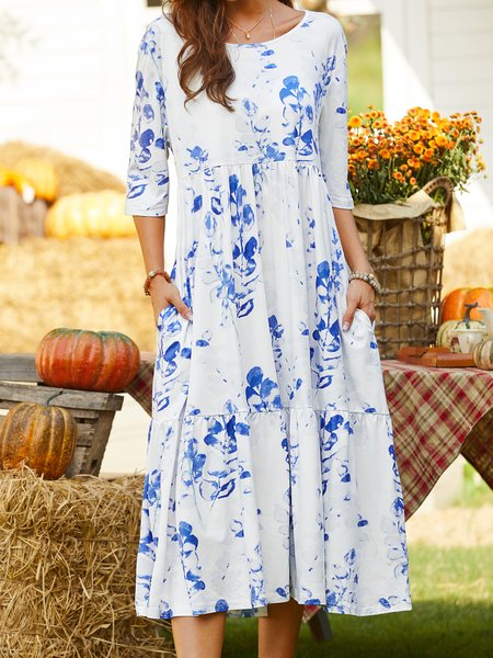 

Crew Neck Casual Regular Sleeve Floral Dress, White, Dresses