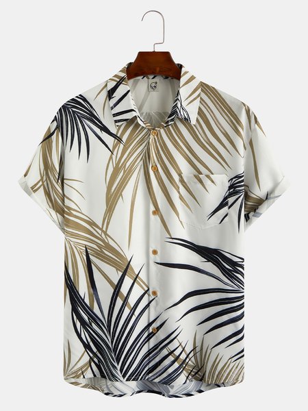 

Mens Leaf Print Moisture Wicking Short Sleeve Shirt Lapel Top, White, Short Sleeve Shirts