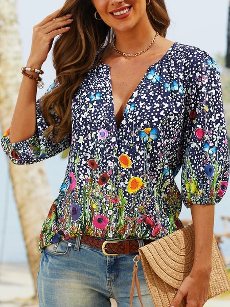 

V Neck Floral Holiday Long Sleeve Top, Blue, Shirts & Blouses