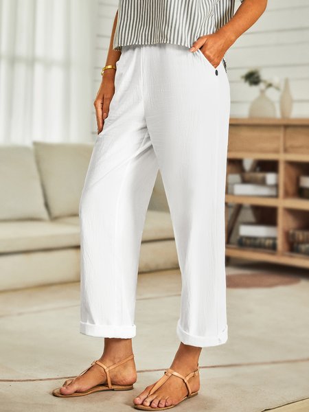 

Loose Casual Cotton Pants, White, Pants