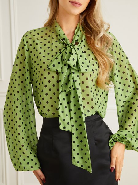 

Polka Dots Loose Elegant Long Sleeve Blouse, Green, Blouses and Shirts