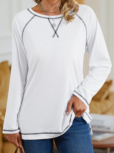 

Crew Neck Plain Loose Top, White, T-Shirts