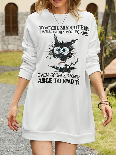 

Cat And Coffee Crew Neck Casual Loose Dress, White, Dresses