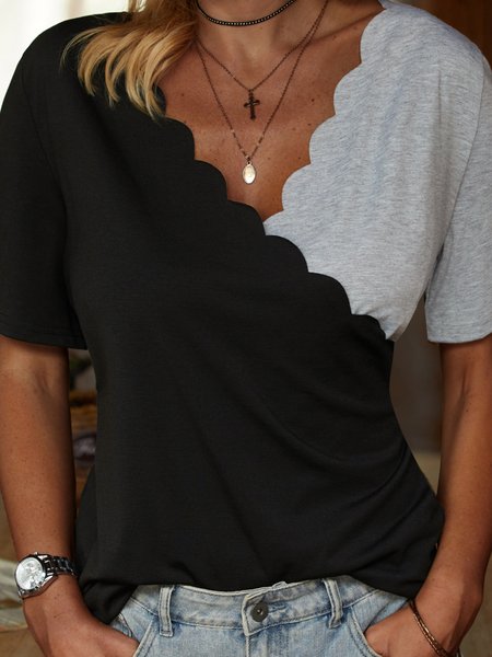 

V Neck Geometric Short Sleeve T-Shirt, Multicolor, T-Shirts