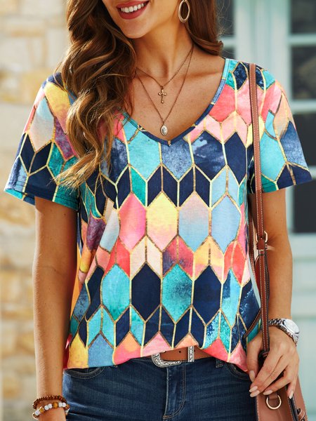 

Geometric Casual Printed Short Sleeve T-T-shirt, Pink, T-Shirts