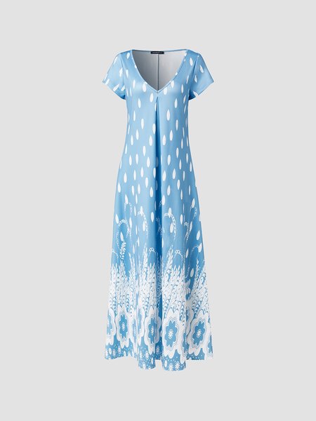 

Casual Floral Printed Regular Fit Short Sleeve V-neck Maxi Dress, Blue, Dresses