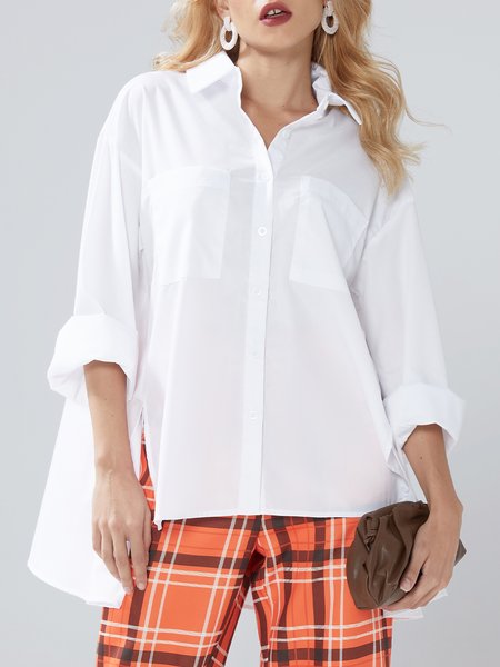 

Daily Long sleeve Urban Plain Shirt Collar Blouse, White, Blouses and Shirts