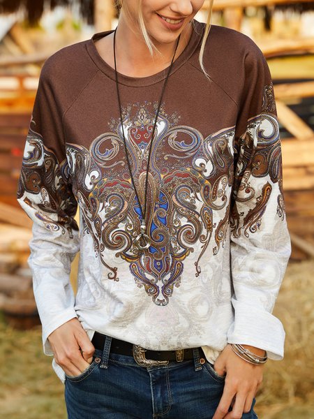 

Casual Ethnic Floral Design Crew Neck Sweatshirt, Brown, Sweatshirts & Hoodies