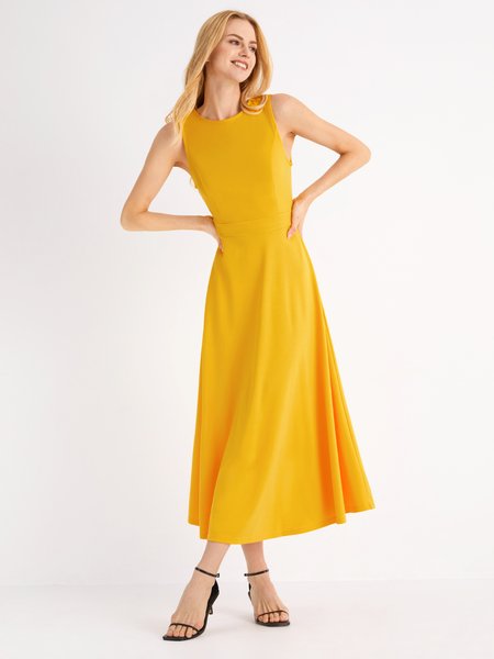 

Summer Crew Neck Lightweight Elegant Plain Short Sleeve Knit Fit and FlareX Dress, Yellow, Dresses