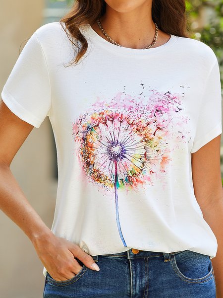 

Crew Neck Casual Dandelion T-Shirt, White, T-Shirts