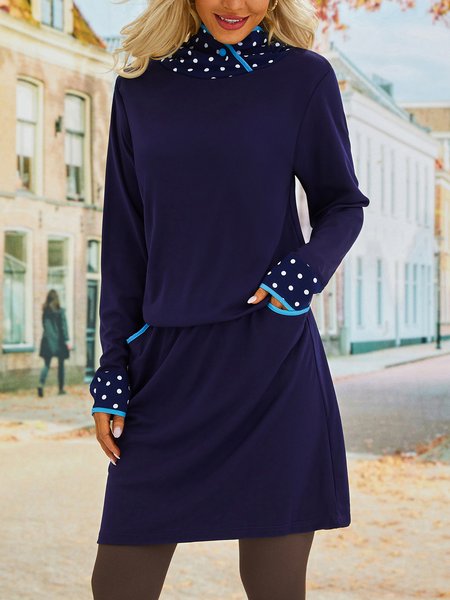 

Deep Blue Long Sleeve Polka Dots Turtleneck Knitting Dress, Short