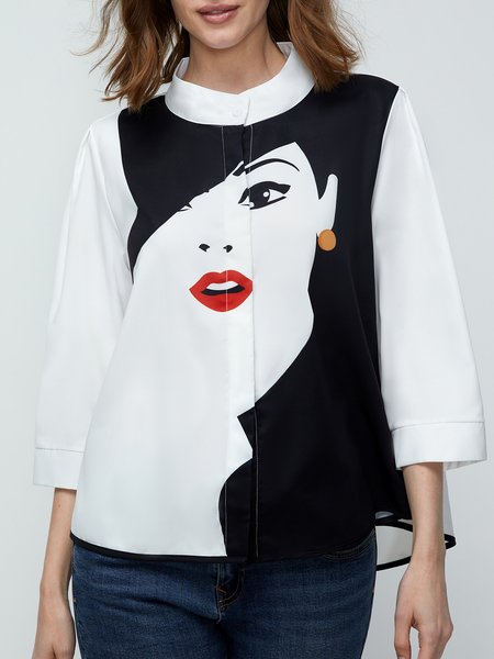 

White Three Quarter Daily Regular Fit Stand Collar Blouse, Blouses and Shirts