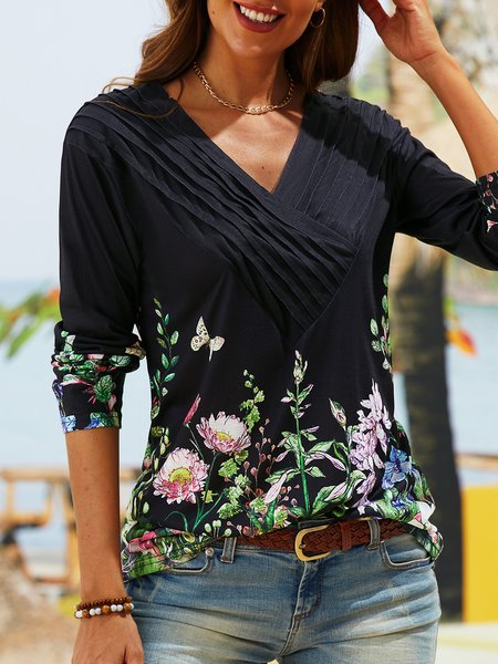 

Floral-Print Long Sleeve Casual Top, Black, Tops