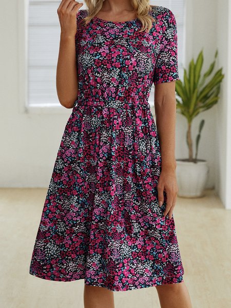

Regular Fit Crew Neck Floral Knee Prom Dresses, Multicolor, Dresses