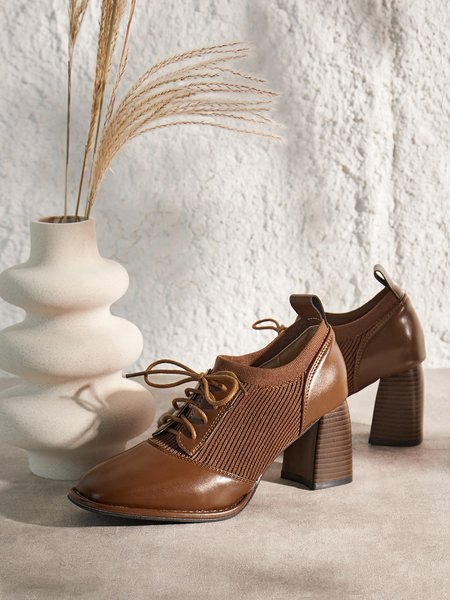 

Vintage Leather Knitted Stitching Chunky Heel Shoes, Brown, Heels