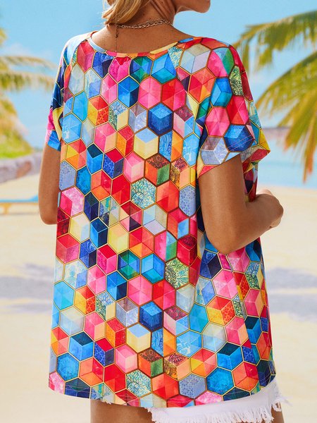 

Regular Fit Geometric Vacation Short Sleeve T-Shirt, Multicolor, Tops