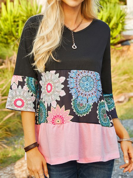 

Casual Long Sleeve Round Neck Printed Top, Pink, Tops