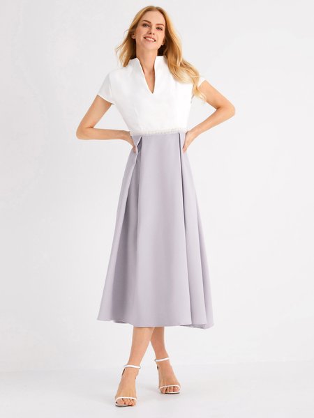 

Elegant Formal V Neck Short Sleeve Color Block Dress, As picture, Dresses