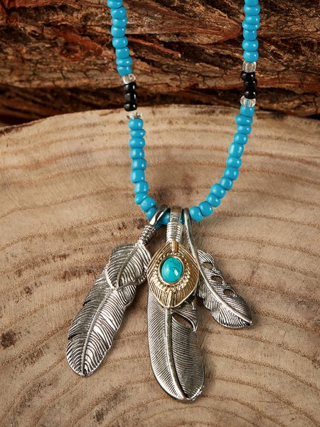 

Vintage Feather Eagle Claw Pendant Necklace Women Boho Bead Necklace Sweater Chain, Blue, Necklaces