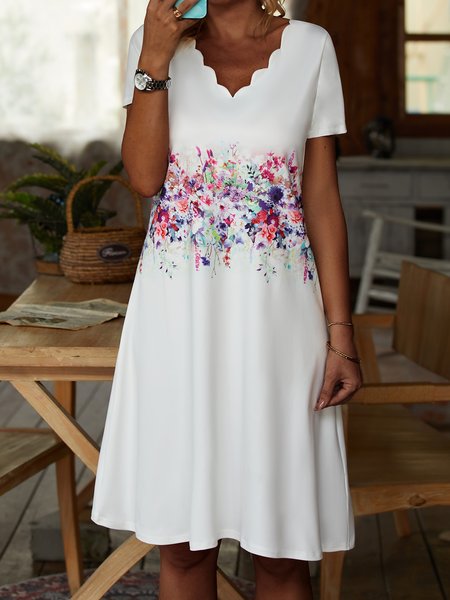 

Vacation Floral V Neck Regular Fit Short Sleeve Knit Dress, White, Dresses