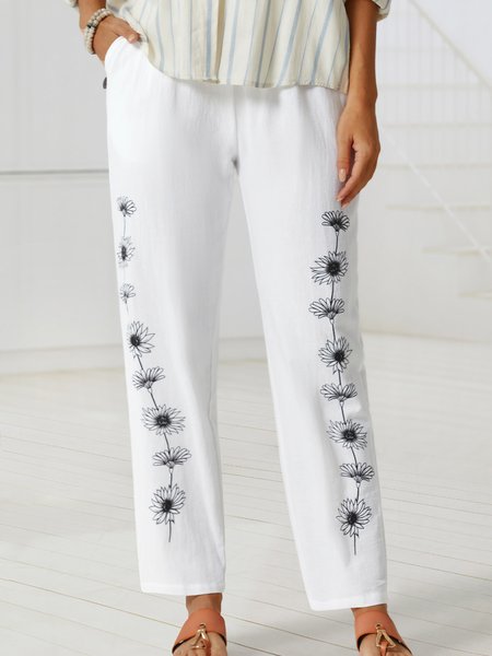 

Casual Loosen Pockets Floral Pants, Black, Pants