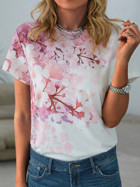 

Regular Fit Round Neck Floral Short Sleeve T-Shirt, Pink, T-Shirts