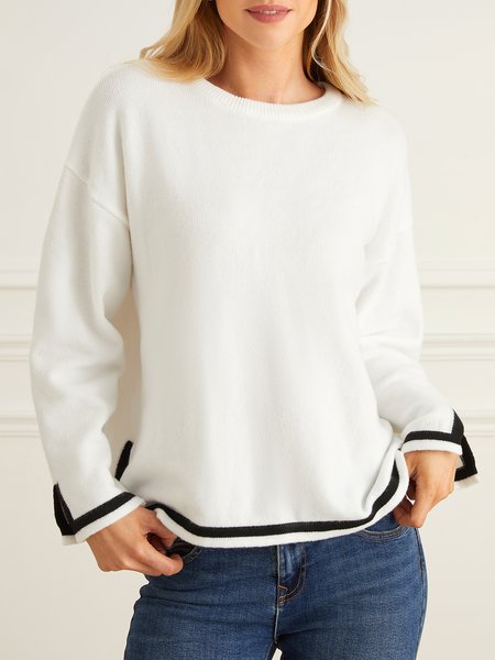 

Simple Crew Neck Color Block Loose Sweater, Off white, Sweaters