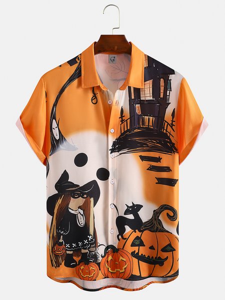 

Cotton Linen Halloween Print Casual Short Sleeve Shirt, As picture, Men's Floral shirt