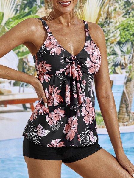 

Vacation Floral Printing V Neck Tankinis Two-Piece Set, Pink, swimwear>>Tankinis